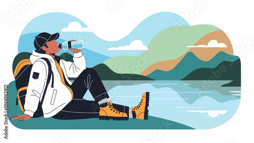 Refreshing Break On A Scenic Hike With Mountains And Lake Landscape