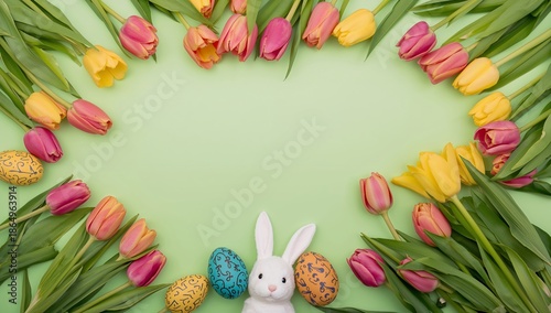 Colorful Flowers and Easter Decorations Arranged on Green Background for Spri...