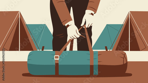 Preparing For Adventure Trip With Tent And Backpack In Camping Area Graphic