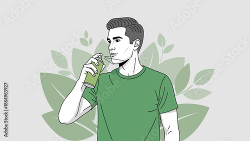 Refreshing Young Man Spraying Facial Mist With Botanical Background Illustration
