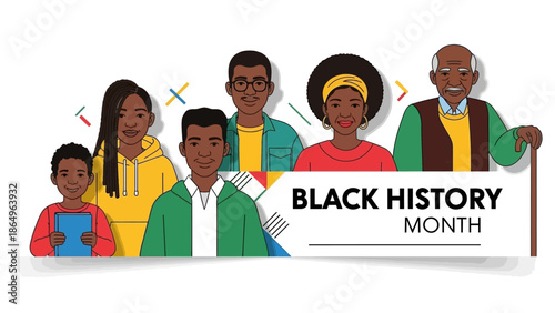 Happy multi generational black family showing togetherness and support during black history month commemoration with bright graphic design elements