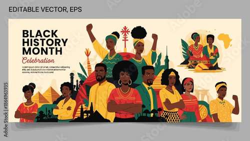 Black history month celebration banner with diverse african American people and historical landmarks promoting heritage and empowerment