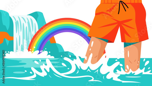 Refreshing Summer Day Wading Into Turquoise Water With Rainbow And Waterfall