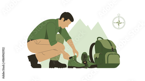 Preparing For An Outdoor Adventure With Boots And Backpack In The Mountains