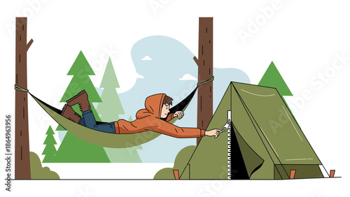 Relaxed Camping Adventure Man Enjoying Hammock near Tent in Forest Scene