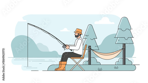 Relaxed Fisherman Enjoying Nature With Rod And Hammock In Scenic Landscape