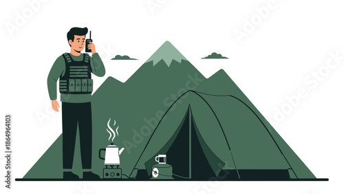 Preparing For The Mission Man Communicating By Radio At Army Camp Site