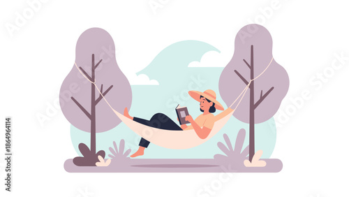 Relaxing Afternoon With A Book: Woman In Hammock Reading Under Trees