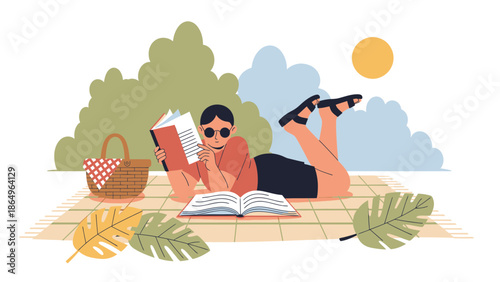 Relaxing Afternoon With Books And Picnic In Park, Conceptual Art Illustration