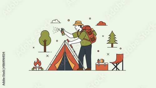 Preparing The Campsite Outdoor Adventure With Insect Repellent For Camping Tent