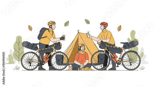 Relaxing Bicycle Touring Adventure Among Friends And Greenery Outdoors Illustration