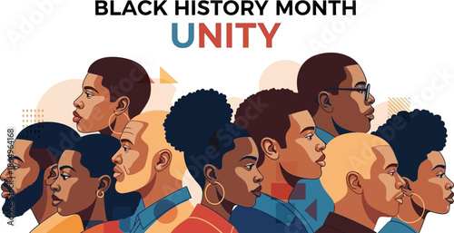 Black history month vector illustration showing diverse group of young african descent people profiles emphasizing the theme of unity and celebrating collective heritage and identity 