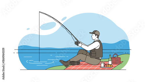 Relaxing Day At The Lake Fishing And Enjoying A Picnic By The Water