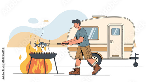 Relaxing Day Of Grilling At Camping Site With Delicious Fish