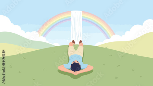 Relaxing Daydreaming Boy Under a Rainbow Waterfall Nature Flat Cartoon Illustration