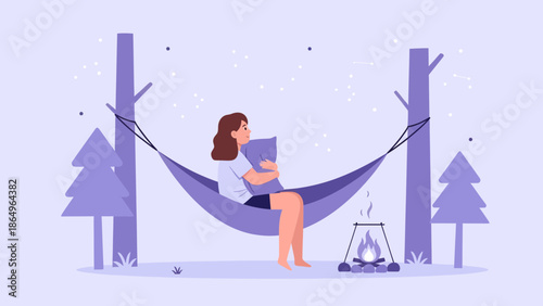 Relaxing Evening Scene Girl In Hammock Embracing Pillow Next Cozy Campfire
