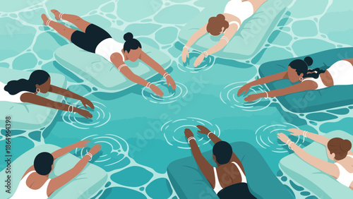 Relaxing Float Diverse Group In Turquoise Water Summer Harmony Calm