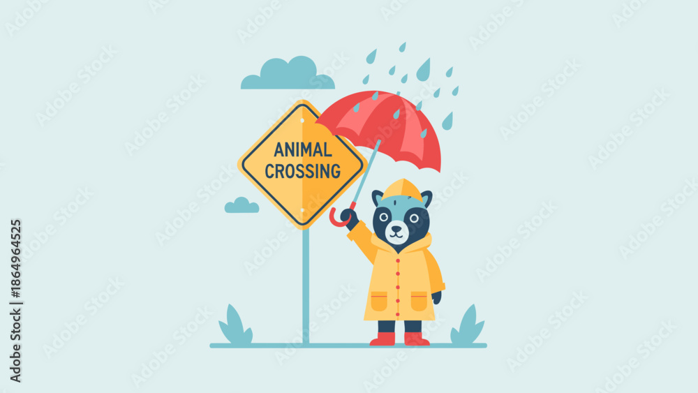 Fototapeta premium Raccoon In Yellow Raincoat With Umbrella Near Animal Crossing Sign Illustration