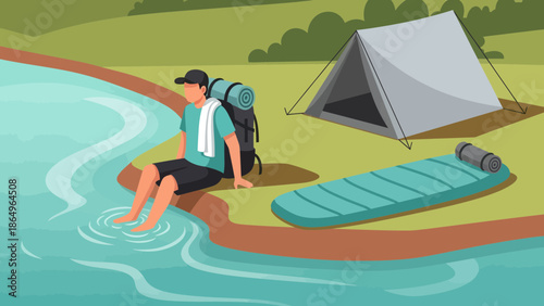 Relaxing Hiker Soaking Feet By Lake During Camping Trip Adventure Time