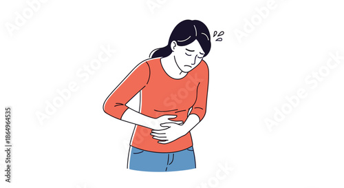 Illustration of a young woman suffering from a stomach ache, holding her belly in pain, representing indigestion, cramps, or illness.
