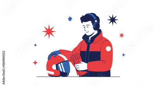 Racer Prepares With Headphones In A Sporty Red And Blue Outfit