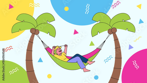 Relaxing In Hammock Between Palm Trees With Colorful Geometric Background