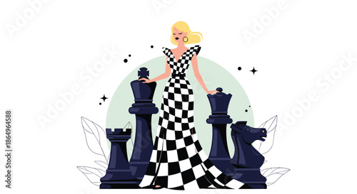 Fashionable woman in a checkerboard dress standing among giant chess pieces, a surreal and stylish illustration of strategy and elegance.