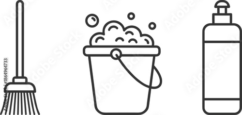 Black linear icon set featuring a broom soapy bucket and detergent bottle for household cleaning janitorial services and sanitation concepts.