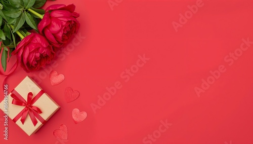 Bright Flowers and a Gift Box Arranged on a Red Background for a Celebration