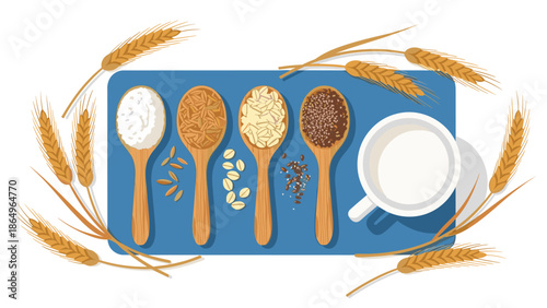 Overhead view of various wholesome grains, including oats and flax seeds, artfully arranged in wooden spoons with a cup of milk and wheat stalks.