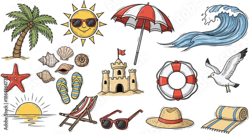 Beach scene with sun hat and umbrella on sandy shore