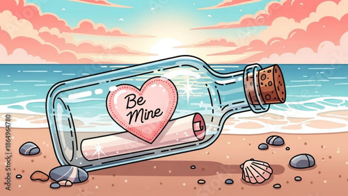 Message in a Bottle with Heart on Beach during Sunset