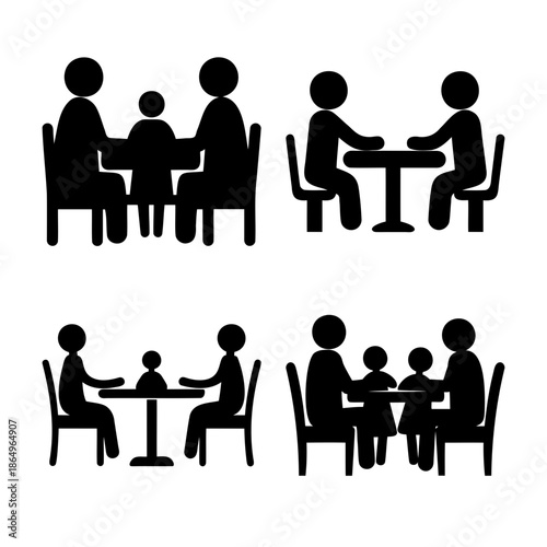 Illustrations of families and couples enjoying meals and conversations at various tables