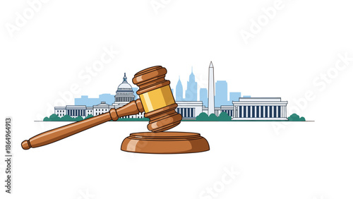 Majestic wooden gavel and sound block positioned in the foreground, with a stylized Washington D.C. city skyline featuring prominent landmarks in the background.