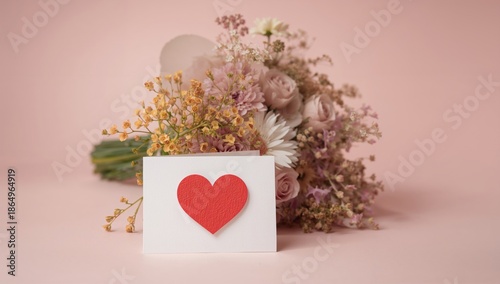 Bouquet of Flowers With a Card Featuring a Heart Shape on a Light Background