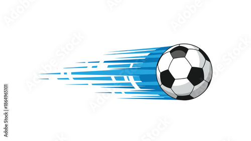 Energetic soccer ball portrayed with sleek blue speed lines, illustrating its swift and powerful trajectory across the field.