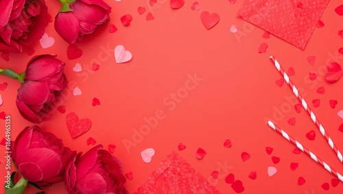 Decorations and Flowers for a Celebration on a Red Background With Hearts and...