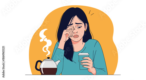 Tired, sleepy woman rubbing her eye while holding a cup of coffee, illustrating fatigue, exhaustion, and the need for caffeine.