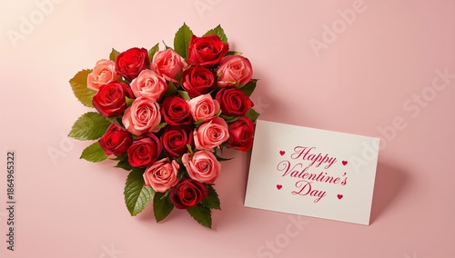 Roses Arranged in a Heart Shape With a Card on a Pink Background