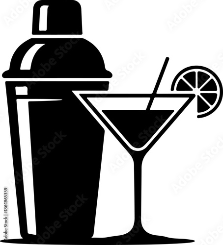 Cocktail Shaker and Martini Glass with Lime silhouette vector illustration