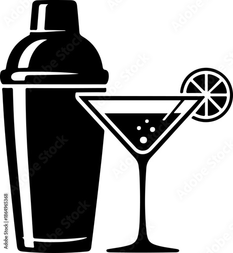 Cocktail Shaker and Martini Glass with Lime silhouette vector illustration