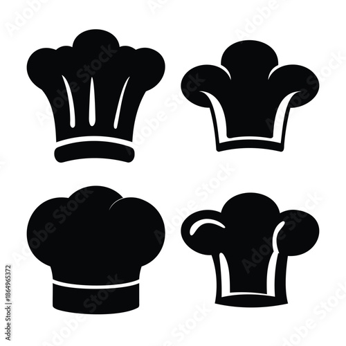 A collection of black chef hat icons representing culinary profession and cooking