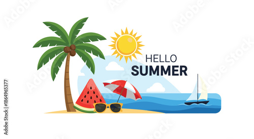 Hello Summer vacation scene with a palm tree, watermelon, and beach umbrella on a tropical island with a sailboat on the ocean.
