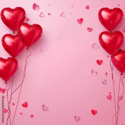 Balloons in Heart Shapes Float on a Pink Background With Small Hearts Scatter...