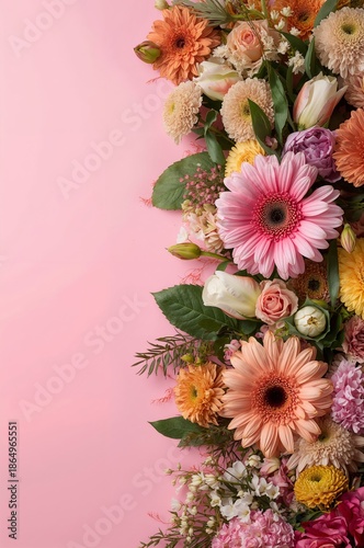 Bright Flowers Arranged on a Soft Pink Background in Spring Setting