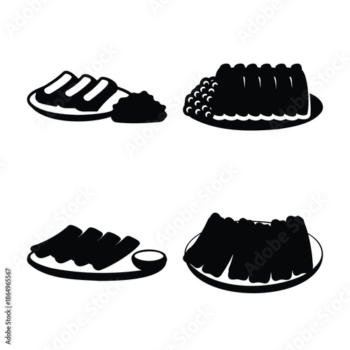 Four simple black silhouette icons depicting various food dishes on plates