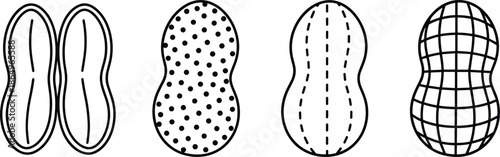 Black linear peanut icon set featuring various minimalist nut shell designs with textured patterns for healthy snack food branding.