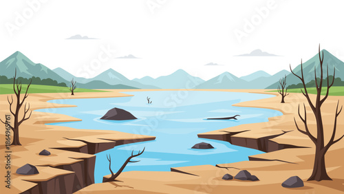 Desolate landscape depicting a severely cracked lakebed with minimal remaining water, flanked by barren mountains and numerous dead trees under a clear sky.