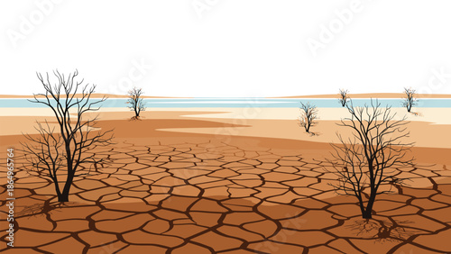 Expansive, parched landscape showcasing a severely cracked earth with several bare, leafless trees and a distant, shimmering body of water.