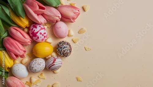 Colorful Tulips and Decorated Eggs Arranged on a White Surface for Spring Cel...